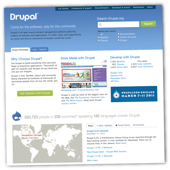 Screenshot of the newly redesigned Drupal.org.