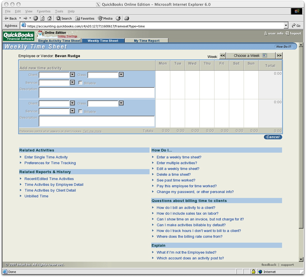 Screenshot of Quickbooks running in IEs4OSX on Leopard Mac OS X
